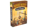 The rectangular box features a warm yellow and brown color scheme with decorative turquoise gems, depicting a marketplace scene with various sacks and containers of glass materials being weighed on a scale. Box art for "River Glass: And Other Sundries," a board game expansion for River Valley Glassworks.