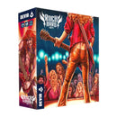 Rock Hard: 1977 board game box featuring vibrant 70s-style artwork with a red-haired rock musician in leather pants and jacket holding a bass guitar on stage. The box art depicts an energetic concert scene with cheering fans in the foreground and stage lights creating a dramatic blue backdrop. The Devir Games logo appears in the top left corner while the game title "Rock Hard 1977" is prominently displayed with wing-styled lettering against the concert atmosphere.