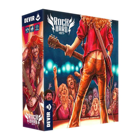 Rock Hard: 1977 board game box featuring vibrant 70s-style artwork with a red-haired rock musician in leather pants and jacket holding a bass guitar on stage. The box art depicts an energetic concert scene with cheering fans in the foreground and stage lights creating a dramatic blue backdrop. The Devir Games logo appears in the top left corner while the game title "Rock Hard 1977" is prominently displayed with wing-styled lettering against the concert atmosphere.