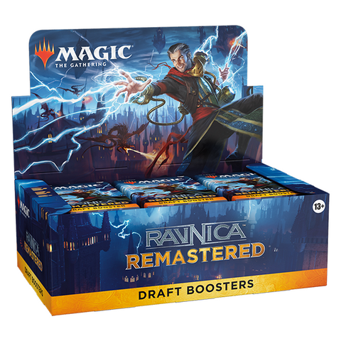 Magic: The Gathering Ravnica Remastered Draft Booster Display Box featuring artwork of a spellcaster channeling blue lightning. The retail box contains 36 draft booster packs arranged in rows, with the Ravnica cityscape visible in the background and the MTG logo prominently displayed at the top.