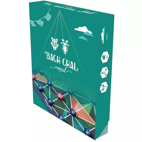 Bach Chal board game box featuring a green geometric design with traditional Nepalese-inspired artwork and illustrated game pieces.