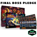 Super Boss Monster Final Boss Pledge Kickstarter campaign showing the complete game package including the main game box with colorful monster artwork, individual neoprene dungeon player mats laid out in a grid formation, and a large town board. The image displays the comprehensive contents of this dungeon-building card game expansion with its retro pixel-art style graphics and multiple game components.