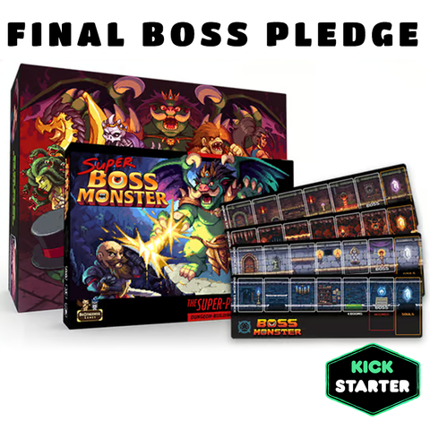 Super Boss Monster Final Boss Pledge Kickstarter campaign showing the complete game package including the main game box with colorful monster artwork, individual neoprene dungeon player mats laid out in a grid formation, and a large town board. The image displays the comprehensive contents of this dungeon-building card game expansion with its retro pixel-art style graphics and multiple game components.