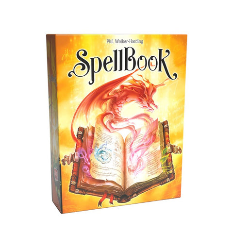 SpellBook board game box featuring an ornate, open magical grimoire with a red dragon emerging from glowing pages against a golden background. The fantasy-themed cover art shows the spellbook with brass corner reinforcements and mystical energy swirling around it. 