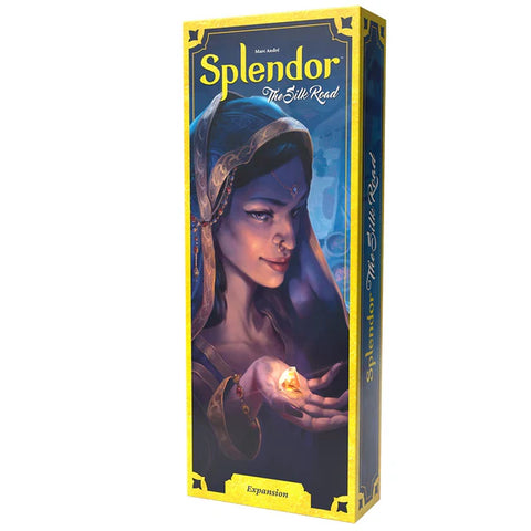 Splendor: The Silk Road expansion box featuring artwork of a woman in ornate clothing holding a glowing gem in her cupped hands. The box has a distinctive yellow border with decorative corner elements and displays the Splendor logo prominently at the top.