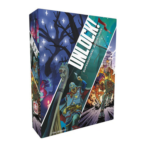 Unlock! Supernatural Adventures board game box featuring colorful comic book-style artwork with fantasy and supernatural characters across three diagonal panels. The box displays a night scene with bare trees and stars, mystical creatures and adventurers, and action scenes with various characters in vibrant colors. The distinctive white "UNLOCK!" logo is prominently displayed on a teal banner across the center of the box.