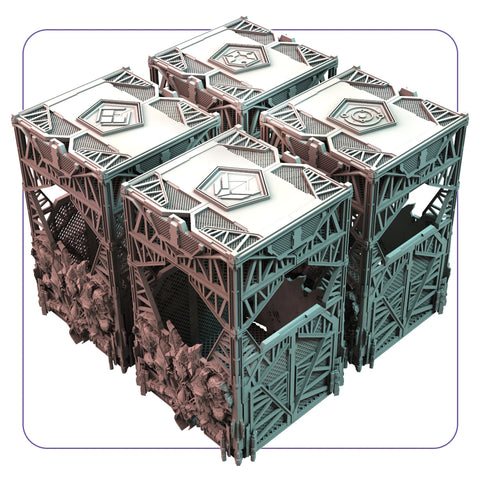 ISS Vanguard Section Boxes showing four intricately detailed hard plastic storage containers with ornate sci-fi framework designs.