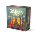 Box cover of "Sequoia" featuring stylized artwork of towering redwood trees with sunlight filtering through an orange-hued forest. The rectangular game box displays the title prominently at the top in white lettering against the atmospheric forest background.