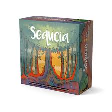 Box cover of "Sequoia" featuring stylized artwork of towering redwood trees with sunlight filtering through an orange-hued forest. The rectangular game box displays the title prominently at the top in white lettering against the atmospheric forest background.