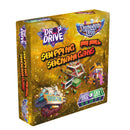 Dungeon Drop and Drop Drive: Shopping Shenanigans board game expansion box featuring colorful 3D artwork on a golden starry background. The box displays pixelated fantasy characters including warriors and creatures alongside futuristic spaceships and cargo containers. 