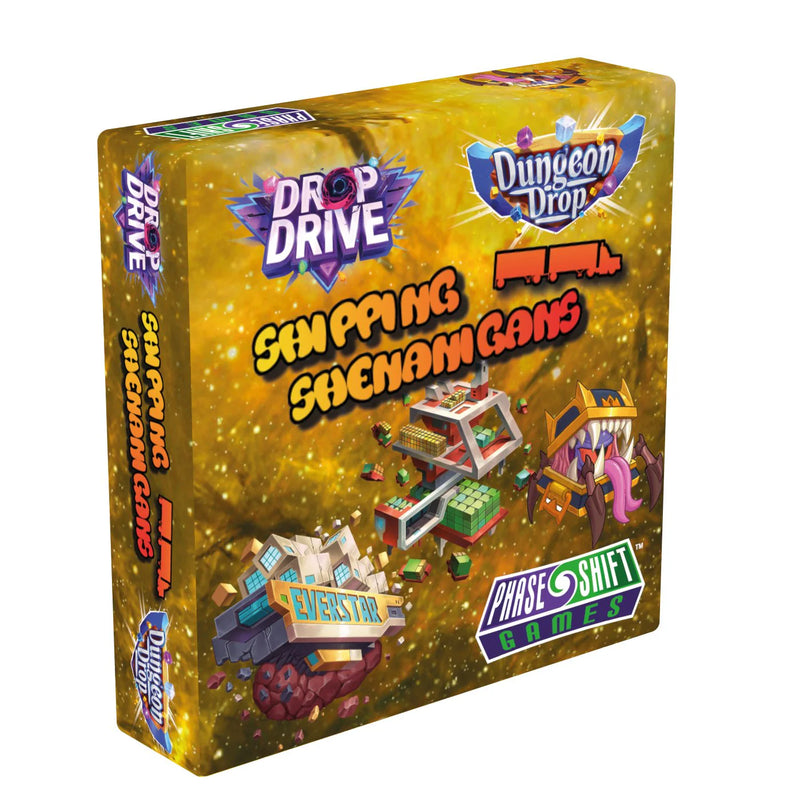 Dungeon Drop and Drop Drive: Shopping Shenanigans board game expansion box featuring colorful 3D artwork on a golden starry background. The box displays pixelated fantasy characters including warriors and creatures alongside futuristic spaceships and cargo containers. 