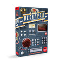 Decrypto board game box featuring a retro-style control panel design with various analog dials, switches, and a small screen display. The box has a dark blue and metallic color scheme with orange accent stripes, resembling vintage electronic equipment or radio communication devices. 