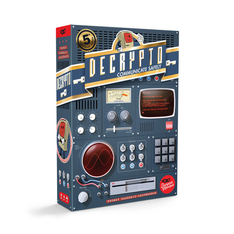 Decrypto board game box featuring a retro-style control panel design with various analog dials, switches, and a small screen display. The box has a dark blue and metallic color scheme with orange accent stripes, resembling vintage electronic equipment or radio communication devices. 