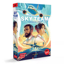 Skyteam is a cooperative aviation game by designer Luc Rémond challengeing two players to work together as pilot and co-pilot. The board game box shows a stylized commercial airplane above two pilots with headsets in a dynamic, colorful illustration. The box prominently displays the tagline 'PREPARE FOR LANDING' and features callouts for '2-PLAYER CO-OP,' 'IMMERSIVE,' and 'HIGH DRAMA' gameplay. 