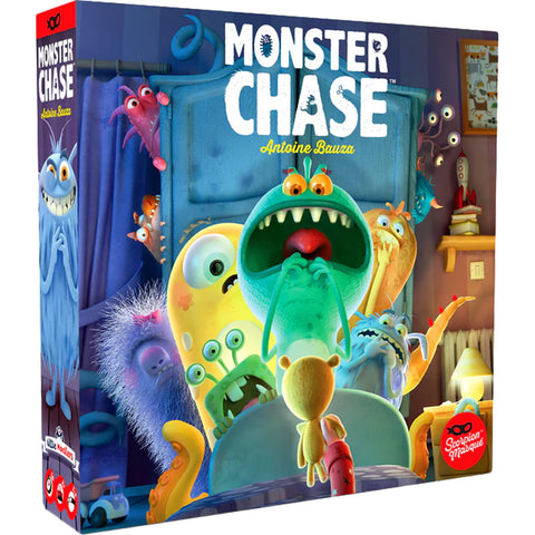 Monster Chase board game box  featuring colorful cartoon monsters including a large green monster with sharp teeth, a blue furry creature, and various other whimsical monsters emerging from around a child's bedroom.
