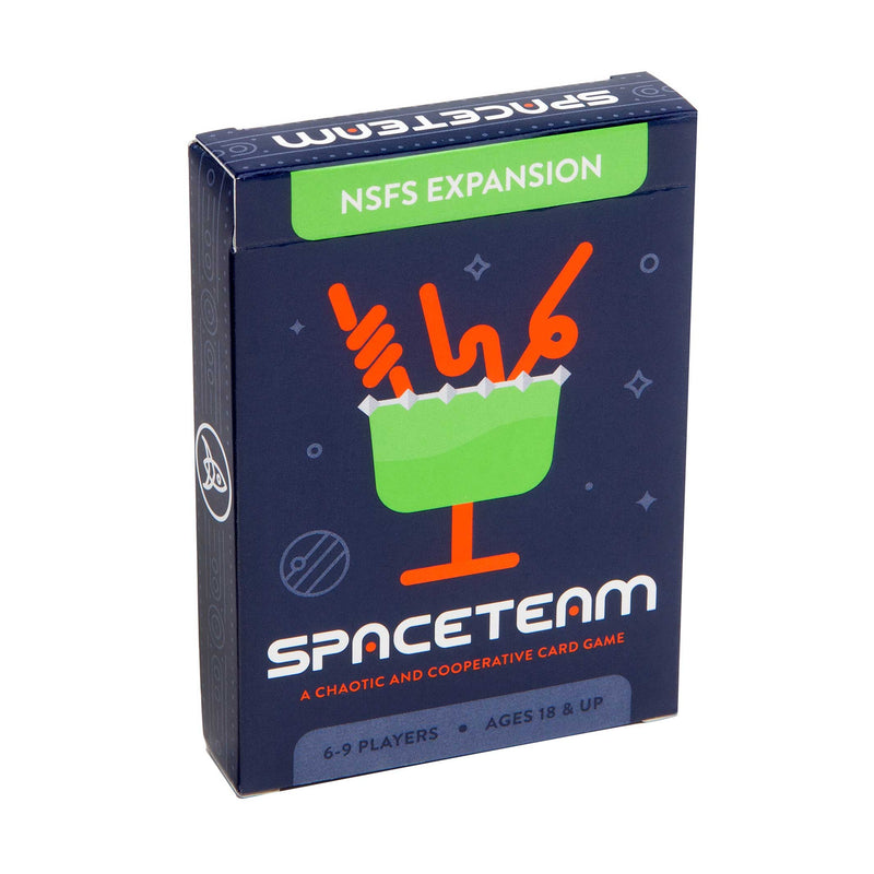 Spaceteam NSFS Expansion game box featuring a dark blue package with bright orange and green design elements. The box shows an illustrated cocktail glass with orange garnish picks against a space-themed background with stars and planetary symbols.