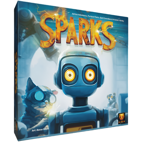 Box cover of "Sparks" featuring a blue robot with glowing yellow eyes as the central character, with smaller animal assistants wearing mechanical gear visible in the background. The title appears in bright orange-yellow lettering at the top of the box, with game designer names and artwork credits visible.