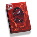 Red-themed 20 Strong board game box featuring a hooded character with purple hair holding an axe in an oval frame against a red background with decorative flourishes. The box displays "20 STRONG" in the top left corner and "Red" at the bottom, indicating this is part of the Tanglewoods Red deck series.