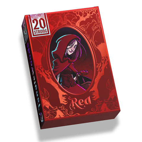 Red-themed 20 Strong board game box featuring a hooded character with purple hair holding an axe in an oval frame against a red background with decorative flourishes. The box displays "20 STRONG" in the top left corner and "Red" at the bottom, indicating this is part of the Tanglewoods Red deck series.
