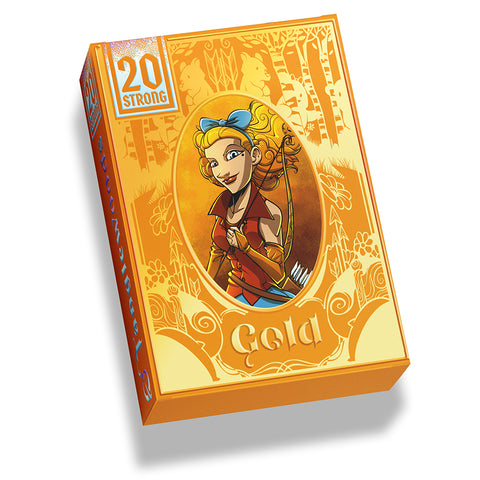 Tanglewoods Gold board game box featuring illustrated blonde character with blue bow in forest setting. The orange and yellow packaging displays decorative woodland motifs including trees, leaves, and swirling patterns around the central character portrait. The box indicates it's part of the 20 Strong solo gaming system with bold orange branding in the top left corner.