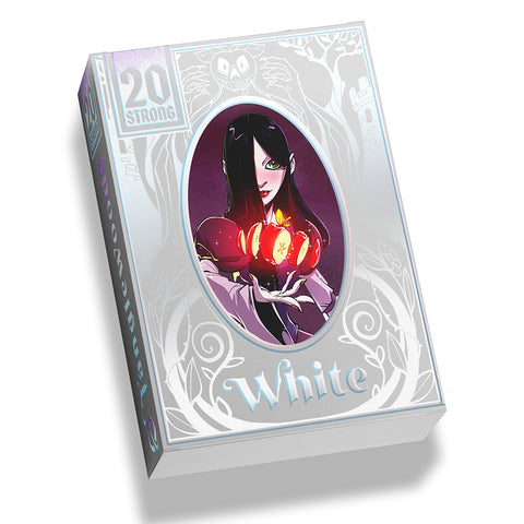 Tanglewoods White board game box featuring dark fantasy artwork with a pale woman in purple robes holding a glowing red apple against an ornate silver background. The box displays "20 Strong" branding in the top left corner and "White" text at the bottom in decorative lettering.