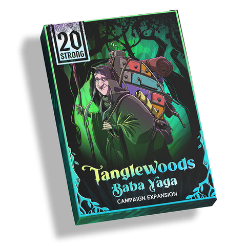 Tanglewoods Baba Yaga Campaign Expansion board game box featuring dark fantasy artwork of a hooded witch character carrying colorful potions in a mystical forest setting. The box displays prominent green and teal coloring with twisted tree branches framing the Gothic-style title text. A '20 Strong' logo appears in the upper left corner indicating the game series.