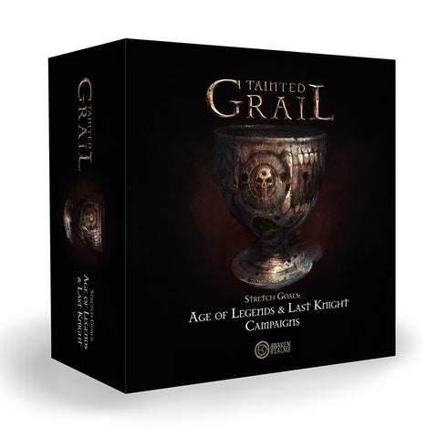Tainted Grail board game expansion box featuring a dark, ornate chalice with skull imagery against a black background. The box displays the title 'Tainted Grail' in golden lettering and indicates it contains stretch goals for Age of Legends and Last Knight campaigns.