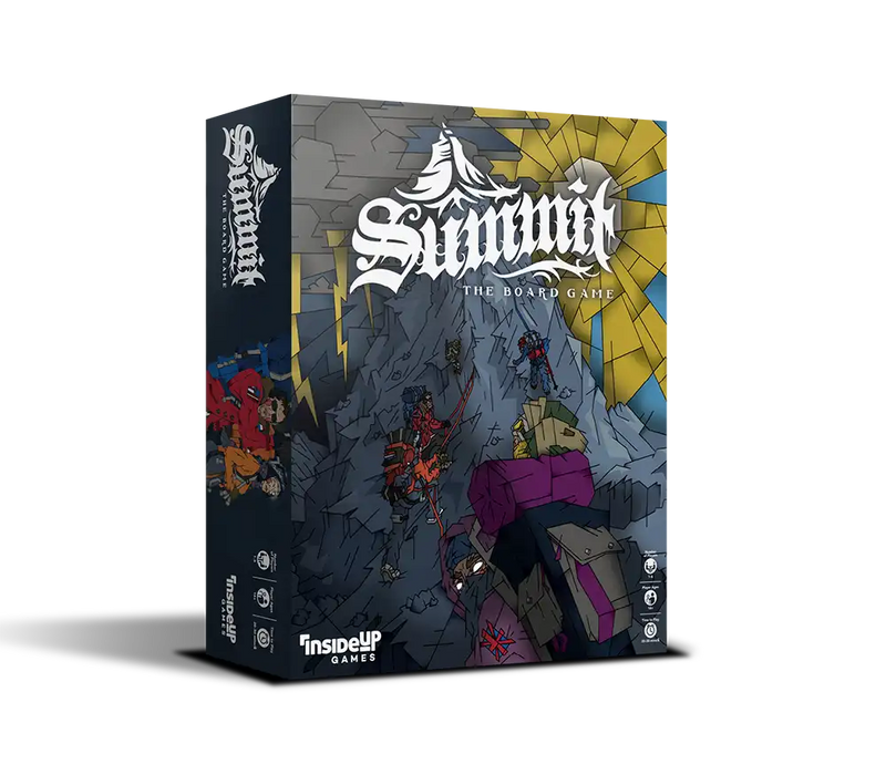 Summit: The Board Game box cover featuring dramatic mountain cave artwork with colorful adventuring characters exploring underground passages. The dark box design showcases detailed fantasy illustrations of explorers with gear and equipment navigating through rocky caverns with golden light streaming from above.