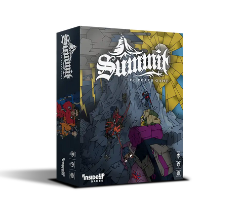 Summit: The Board Game box cover featuring dramatic mountain cave artwork with colorful adventuring characters exploring underground passages. The dark box design showcases detailed fantasy illustrations of explorers with gear and equipment navigating through rocky caverns with golden light streaming from above.