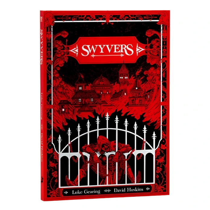 Book cover of 'Swyvers' with red and black design featuring a house and gate.