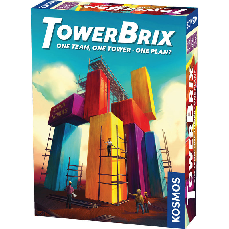 TowerBrix board game box featuring a colorful abstract tower made of geometric blocks in vibrant colors including red, orange, yellow, purple, and blue. The box shows construction workers with scaffolding around the towering structure against a cloudy sky background. 