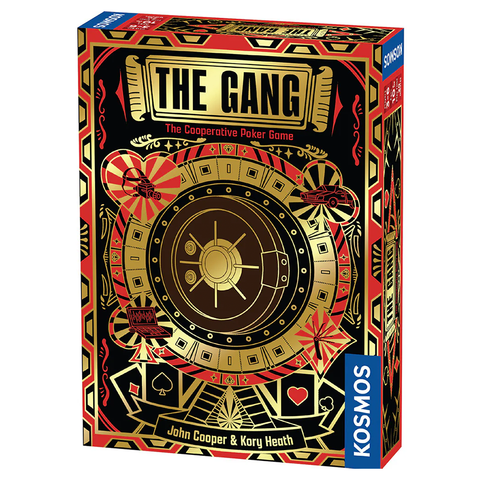 The Gang cooperative poker game box by Kosmos featuring bold red, black and gold artwork with a central vault door design. The box displays ornate casino-themed graphics including playing card suits, decorative borders, and vintage-style typography against a dramatic black background.