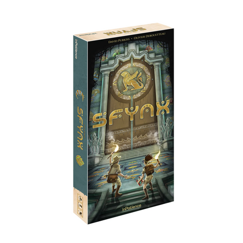 Sfynx board game box featuring ancient temple ruins with golden sphinx emblem and two adventurers ascending stone steps.