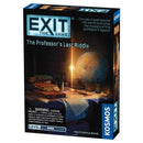 EXIT: The Game - The Professor's Last Riddle box showing a mysterious study scene with a glowing globe, scattered books, papers, and academic tools on a wooden desk. The packaging features the distinctive EXIT logo in turquoise lettering against a dark background. 