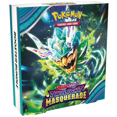 Pokémon Trading Card Game Scarlet & Violet Twilight Masquerade Booster Bundle box featuring a crystalline green Pokémon with glowing elements against a vibrant forest background. The colorful package prominently displays the Twilight Masquerade logo in purple and gold at the bottom, with 'BOOSTER BUNDLE' text visible on the side.