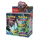 The packaging has a cosmic background that shows a display box of Pokémon Trading Card Game "Scarlet & Violet—Twilight Masquerade" booster packs, featuring artwork of Ogerpon and other Pokémon with vibrant green energy effects. The retail box contains multiple sealed booster packs arranged for store display, with the Pokémon TCG logo prominently featured on both the outer box and individual pack artwork.
