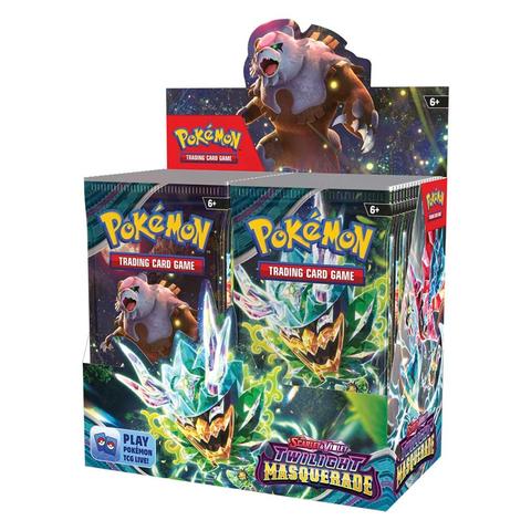 The packaging has a cosmic background that shows a display box of Pokémon Trading Card Game "Scarlet & Violet—Twilight Masquerade" booster packs, featuring artwork of Ogerpon and other Pokémon with vibrant green energy effects. The retail box contains multiple sealed booster packs arranged for store display, with the Pokémon TCG logo prominently featured on both the outer box and individual pack artwork.