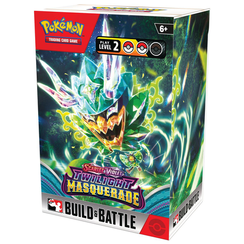 Pokémon Trading Card Game Build & Battle Box for the Scarlet & Violet Twilight Masquerade expansion, featuring a crystal-like green Pokémon with glowing yellow energy effects on the packaging.