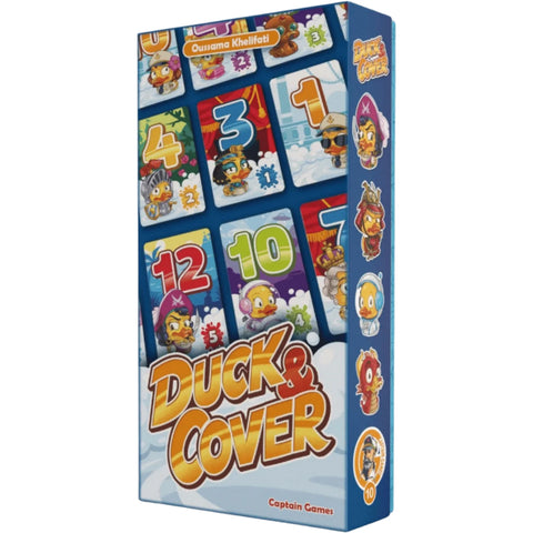 Duck & Cover board game box featuring a colorful grid of numbered cards (1-12) with cartoon duck characters in various costumes and scenarios. The box displays a blue and white design with the game's orange and red "Duck & Cover" logo prominently featured at the bottom. Multiple duck character stickers are visible along the right side of the packaging.