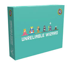 The image shows a teal-colored box of the card game "Unreliable Wizard," featuring small cartoon character illustrations of various fantasy figures aligned across the top of the box. The game packaging has a clean, modern design with the title prominently displayed in white text against the turquoise background.