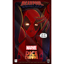 Marvel Dice Throne: Deadpool board game box featuring Deadpool's iconic red mask and costume against a dark background with red geometric patterns. The box displays the Marvel and Dice Throne logos prominently, with Deadpool saying "GET ME OUT OF THIS BOX" in a speech bubble. The packaging uses a dramatic red and black color scheme that matches Deadpool's signature aesthetic.