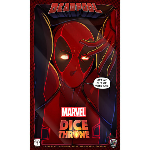 Marvel Dice Throne: Deadpool board game box featuring Deadpool's iconic red mask and costume against a dark background with red geometric patterns. The box displays the Marvel and Dice Throne logos prominently, with Deadpool saying "GET ME OUT OF THIS BOX" in a speech bubble. The packaging uses a dramatic red and black color scheme that matches Deadpool's signature aesthetic.