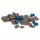 Set of metallic game pieces on a white background