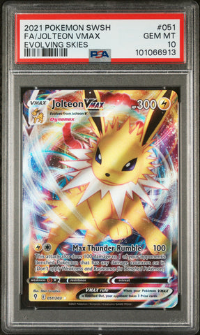 PSA GEM MT 10 Jolteon VMAX (051/203) [Sword & Shield: Evolving Skies] - 101066913
