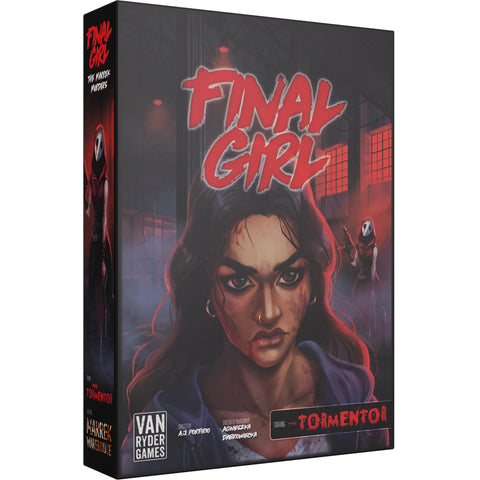 "Final Girl: The Marrek Murders" board game box featuring dramatic artwork of a young woman with a determined expression bathed in red lighting. The box design shows atmospheric warehouse elements and incorporates "The Tormentor" character in the background. 