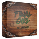 Final Girl Accessories box packaging, featuring a rustic wooden box design with metal chains across the corners. The box displays the text Final Girl Accessories in a distressed green horror-themed font against weathered wooden planks.