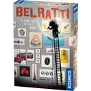 Belratti board game box showing a gallery wall filled with framed artwork including paintings of everyday objects like a clock, birthday cake, umbrella, truck, and boxing gloves. The box features the game's tagline 'Is This Art or Can It Go?' with a silhouette figure on a ladder appearing to remove or hang artwork. The Kosmos publisher logo is visible on the bottom right corner of the colorful game box packaging.