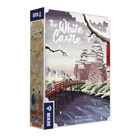 This image shows the board game box for "The White Castle," featuring Japanese-inspired artwork of Himeji Castle perched on a snowy cliff with cherry blossom branches in the foreground. The cover art depicts figures crossing a red bridge over water, with the white multi-tiered castle as the focal point in a serene winter landscape. 