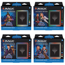 A collection of four Magic: The Gathering Universes Beyond: Doctor Who Commander Decks displayed in their retail packaging. Each box features different Doctor Who characters - the First Eight Doctors, Doctors Twelve & Thirteen, The Doctor's Greatest Villains, and Doctors Nine, Ten & Eleven - with the distinctive Magic: The Gathering planeswalker symbol prominently displayed on each package.