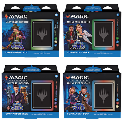 A collection of four Magic: The Gathering Universes Beyond: Doctor Who Commander Decks displayed in their retail packaging. Each box features different Doctor Who characters - the First Eight Doctors, Doctors Twelve & Thirteen, The Doctor's Greatest Villains, and Doctors Nine, Ten & Eleven - with the distinctive Magic: The Gathering planeswalker symbol prominently displayed on each package.
